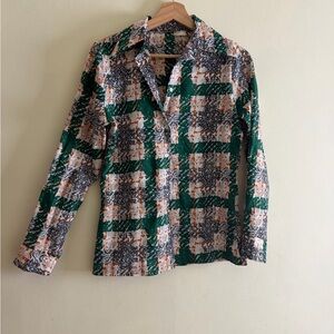MT Green White Orange Plaid Casual Button Down Shirt with Abstract Print